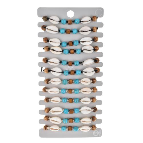 Shell Jewelry Bracelet, with Knot Cord & turquoise & Wood, handmade, 12 pieces & Adjustable & Bohemian style & Unisex, more colors for choice, Length:Approx 18 cm, Sold By Set