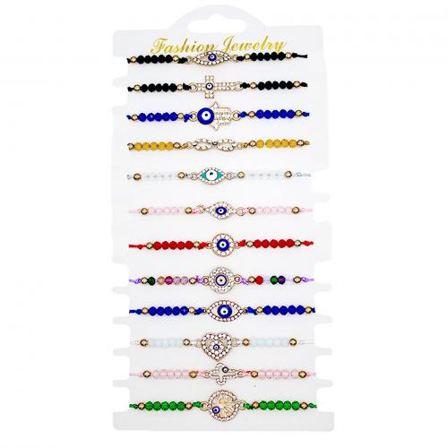 Evil Eye Jewelry Bracelet, Knot Cord, with Crystal & Tibetan Style, gold color plated, 12 pieces & Adjustable & Bohemian style & Unisex & enamel & with rhinestone, mixed colors, Length:Approx 18 cm, Sold By Set