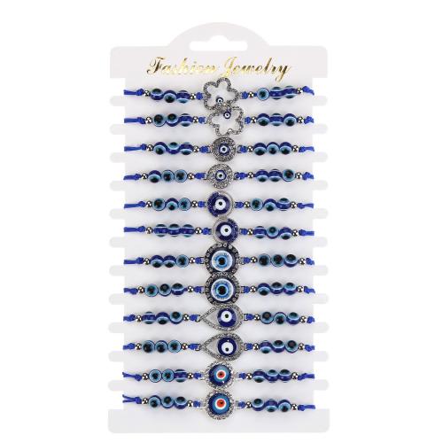 Evil Eye Jewelry Bracelet, Knot Cord, with Lampwork & Tibetan Style, plated, 12 pieces & Adjustable & Bohemian style & Unisex & evil eye pattern & with rhinestone, more colors for choice, Length:Approx 18 cm, Sold By Set