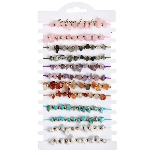 Gemstone Bracelets, Knot Cord, with Gemstone, handmade, 12 pieces & Adjustable & Bohemian style & Unisex, mixed colors, Length:Approx 18 cm, Sold By Set