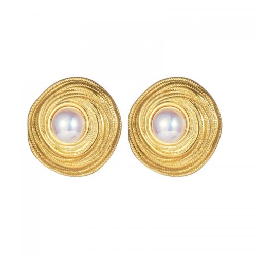 Stainless Steel Stud Earrings, 304 Stainless Steel, with Plastic Pearl, 18K gold plated, fashion jewelry & for woman, nickel, lead & cadmium free, 23x22mm, Sold By Pair