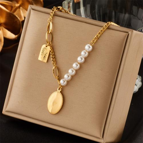 Stainless Steel Jewelry Necklace, 304 Stainless Steel, with Plastic Pearl, 18K gold plated, fashion jewelry & for woman, golden, nickel, lead & cadmium free, Length:Approx 47 cm, Sold By PC