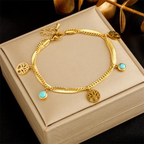 Stainless Steel Jewelry Bracelet, 304 Stainless Steel, with Turquoise, Double Layer & fashion jewelry & for woman, golden, nickel, lead & cadmium free, Sold By PC
