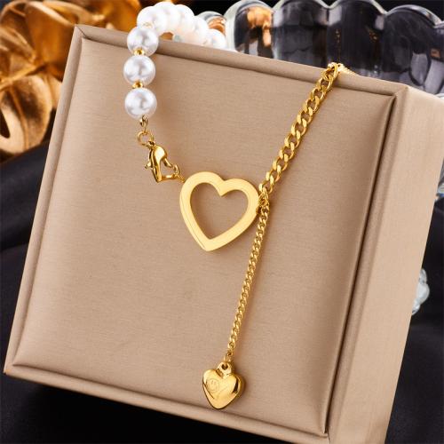 Stainless Steel Jewelry Necklace, 304 Stainless Steel, with Plastic Pearl, 18K gold plated, fashion jewelry & for woman, golden, nickel, lead & cadmium free, Length:Approx 40 cm, Sold By PC