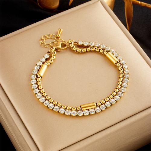Stainless Steel Jewelry Bracelet, 304 Stainless Steel, with Rhinestone, Double Layer & fashion jewelry & for woman & with rhinestone, golden, nickel, lead & cadmium free, Length:Approx 19 cm, Sold By PC