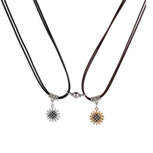 Zinc Alloy Jewelry Necklace with leather cord with 5cm extender chain Sunflower 2 pieces & fashion jewelry & for woman nickel lead & cadmium free Length Approx 44 cm Sold By Set