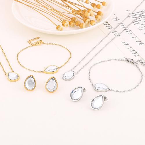Fashion Stainless Steel Jewelry Sets, Stud Earring & bracelet & necklace, 304 Stainless Steel, with Glass, Teardrop, three pieces & fashion jewelry & for woman, more colors for choice, Sold By Set