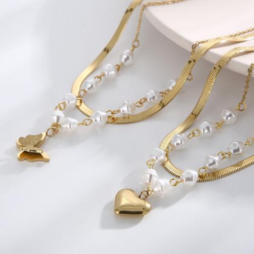 Edelstahl Schmuck Halskette, 304 Edelstahl, mit Kunststoff Perlen, Doppelschicht & verschiedene Stile für Wahl & für Frau, goldfarben, Länge:ca. 38 cm, ca. 40 cm, verkauft von PC