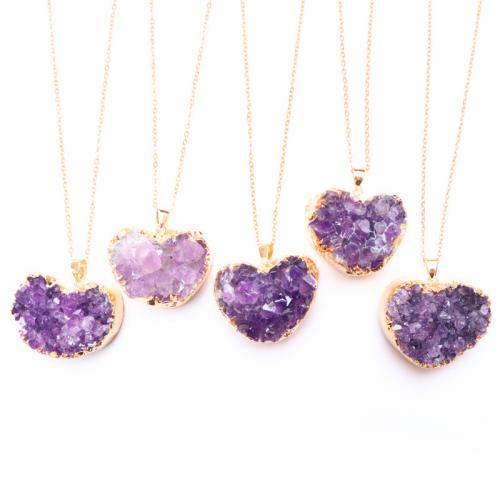 Quartz Gemstone Pendants, Amethyst, with Brass, Heart, gold color plated, DIY, purple, Length about 36-38mm,Hight about 28-30mm, Sold By PC