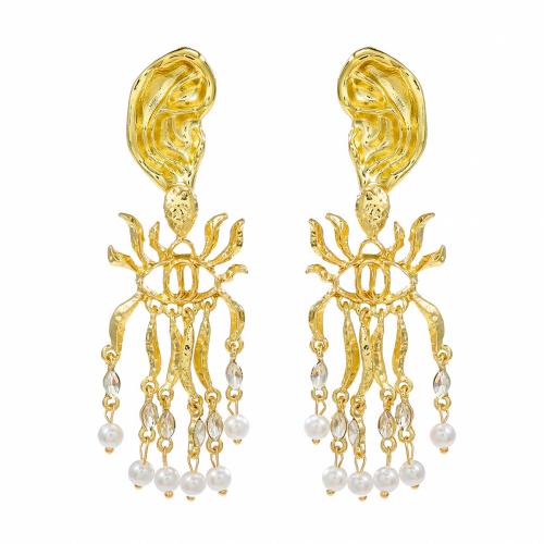 Tibetan Style Stud Earring, with Plastic Pearl, fashion jewelry & for woman, gold, nickel, lead & cadmium free, 99x32mm, Sold By Pair