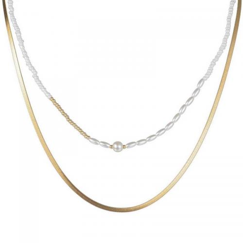 Rustfrit stål smykker halskæde, 304 rustfrit stål, med Seedbead & Plastic Pearl, 18K forgyldt, Dobbelt lag & mode smykker & for kvinde, nikkel, bly & cadmium fri, Solgt af PC