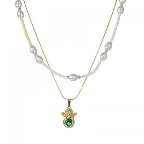 Stainless Steel Sweater Chain Necklace, 304 Stainless Steel, with Emerald & Seedbead & Plastic Pearl, 18K gold plated, Double Layer & fashion jewelry & for woman, nickel, lead & cadmium free, Pendant:2.4cm, Sold By PC