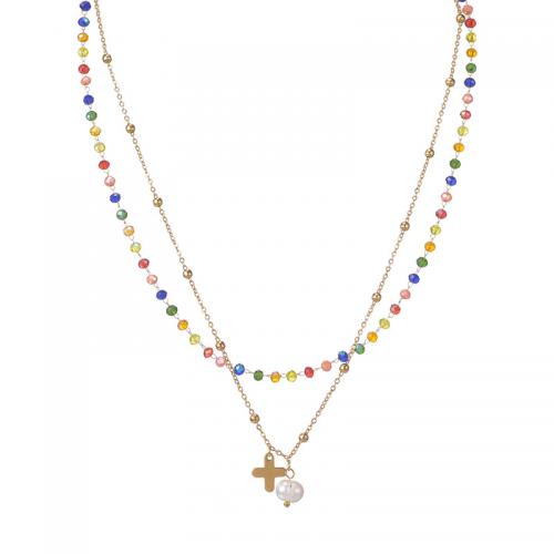 Stainless Steel Jewelry Necklace 304 Stainless Steel with Seedbead & Plastic Pearl with 5cm extender chain 14K gold plated fashion jewelry & for woman nickel lead & cadmium free Length Approx 42 cm Approx 44 cm Sold By PC