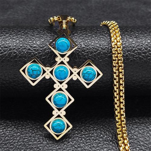 Stainless Steel Jewelry Necklace, 304 Stainless Steel, with Turquoise, polished, fashion jewelry & Unisex, more colors for choice, nickel, lead & cadmium free, 47x35mm, Length:Approx 60 cm, Sold By PC