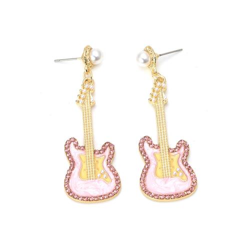 Tibetan Style Drop Earring, with Plastic Pearl, Guitar, gold color plated, for woman & enamel & with rhinestone, more colors for choice, 30x61mm, Sold By Pair