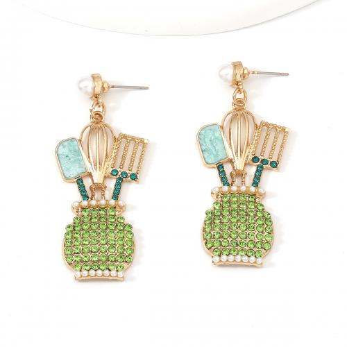 Zinc Alloy Drop Earring with Plastic Pearl gold color plated for woman & enamel & with rhinestone Sold By Pair