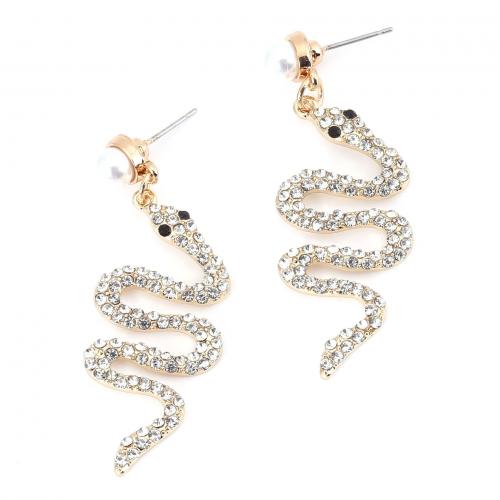 Tibetan Style Drop Earring, with Plastic Pearl, Snake, gold color plated, for woman & with rhinestone, 18x52mm, Sold By Pair