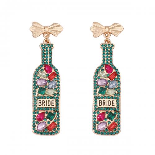 Zinc Alloy Drop Earring with Plastic Pearl Winebottle gold color plated for woman & enamel & with rhinestone Sold By Pair