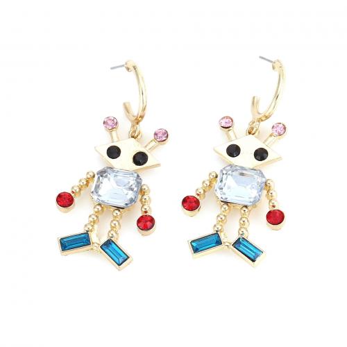 Tibetan Style Drop Earring, Robot, gold color plated, for woman & with rhinestone, 27x55mm, Sold By Pair