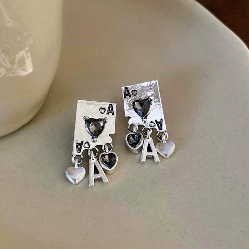 Tibetan Style Drop Earring, with Glass Rhinestone, Poker, platinum color plated, punk style & for woman & enamel, 13x28mm, Sold By Pair