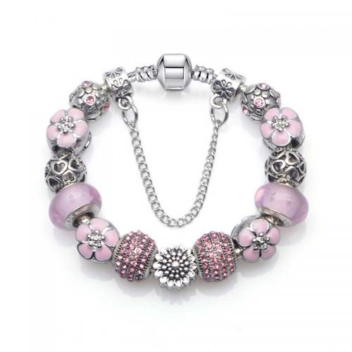 European Bracelet Zinc Alloy with Lampwork Flower silver color plated fashion jewelry & for woman & enamel & with rhinestone nickel lead & cadmium free Sold By PC
