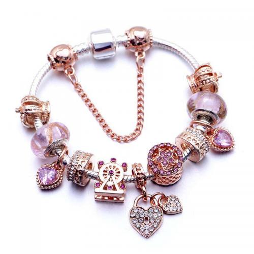 European Bracelet Zinc Alloy with Crystal & Lampwork Heart plated fashion jewelry & for woman & with rhinestone pink nickel lead & cadmium free Sold By PC