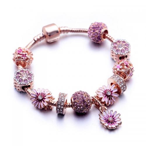 European Bracelet, Tibetan Style, Flower, rose gold color plated, fashion jewelry & different length for choice & for woman & enamel & with rhinestone, pink, nickel, lead & cadmium free, Sold By PC