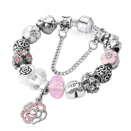 European Bracelet, Tibetan Style, with Crystal, Rose, silver color plated, fashion jewelry & different length for choice & for woman & enamel & with rhinestone, more colors for choice, nickel, lead & cadmium free, Sold By PC