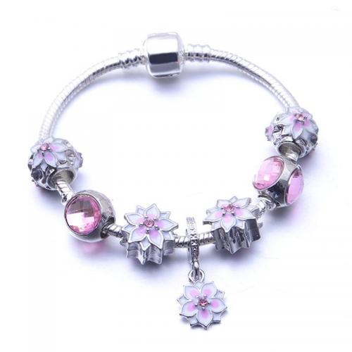 European Bracelet, Tibetan Style, with Crystal, Flower, silver color plated, fashion jewelry & different length for choice & for woman & enamel & with rhinestone, pink, nickel, lead & cadmium free, Sold By PC