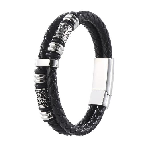 PU Leather Cord Bracelets, with 304 Stainless Steel, fashion jewelry & different length for choice & for man, black, Sold By PC