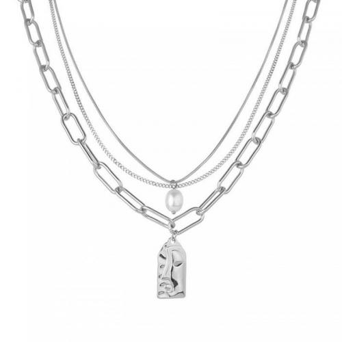Nehrđajući čelik Chain Necklace džemper, 304 nehrđajućeg čelika, s Plastična Pearl, uglađen, tri sloja & modni nakit & za žene, izvorna boja, nikal, olovo i kadmij besplatno, Dužina Približno 41-50 cm, Prodano By PC