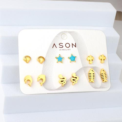 Stainless Steel Stud Earrings, 304 Stainless Steel, with enamel, gold color plated, 6 pieces & different styles for choice & for woman & with rhinestone, nickel, lead & cadmium free, Sold By Set