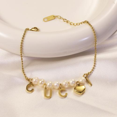 Stainless Steel Jewelry Bracelet, 304 Stainless Steel, with Plastic Pearl, with 3CM extender chain, plated, for woman, golden, Length:Approx 20 cm, Sold By PC