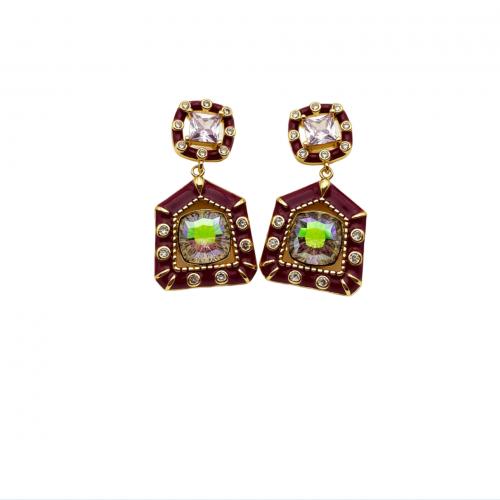Cubic Zirconia Micro Pave Brass Earring with Glass plated micro pave cubic zirconia & for woman & enamel red Sold By Pair
