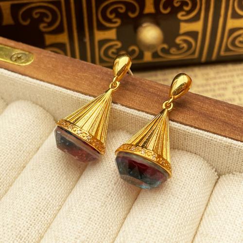 Brass Stud Earring, with Glass, plated, for woman, golden, 30x9mm, Sold By Pair