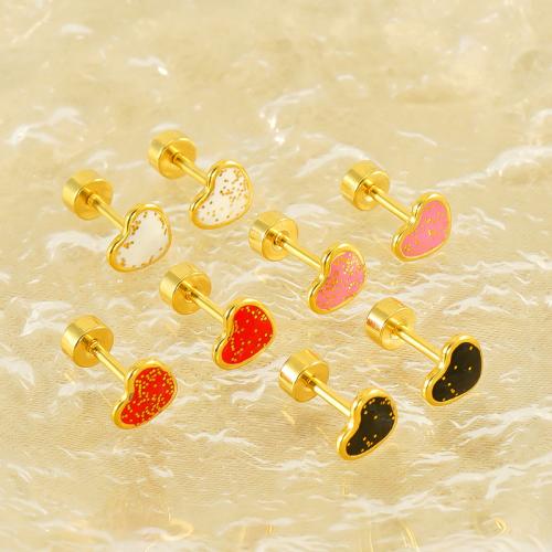 Stainless Steel Stud Earrings 304 Stainless Steel Heart 18K gold plated fashion jewelry & for woman & enamel golden 7mm Sold By PC