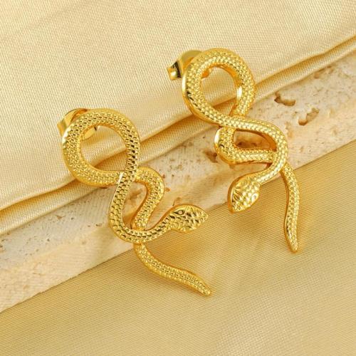 Stainless Steel Stud Earrings, 304 Stainless Steel, Snake, 18K gold plated, fashion jewelry & for woman, golden, 30x11mm, Sold By Pair