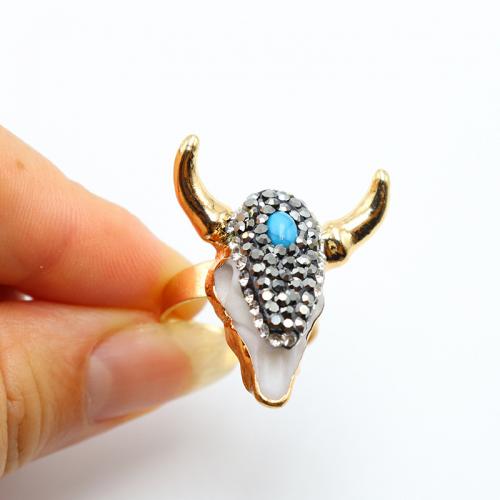 Brass Finger Ring, with Rhinestone Clay Pave & Turquoise & Resin, Horn, plated, Adjustable & fashion jewelry & Unisex, more colors for choice, nickel, lead & cadmium free, 27x30mm, Sold By PC