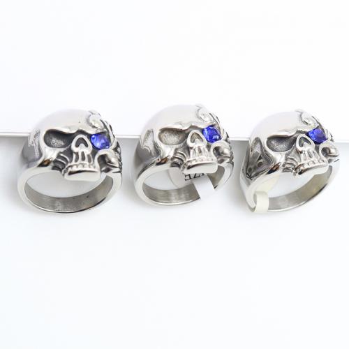 Rhinestone Stainless Steel Finger Ring, 304 Stainless Steel, Skull, polished, fashion jewelry & Unisex & different size for choice & with rhinestone, original color, 24x22mm, Sold By PC