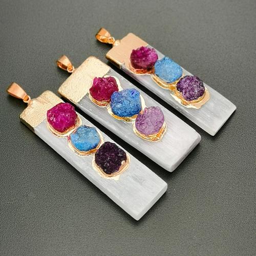 Gemstone Pendants Jewelry, Gypsum Stone, with Ice Quartz Agate & Brass, Rectangle, gold color plated, DIY, mixed colors, nickel, lead & cadmium free, Length about 45-55mm,Width about 14-20mm, Sold By PC