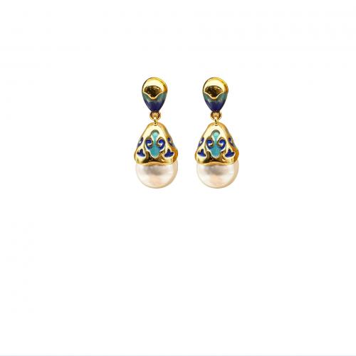 Messing Stud ørering, med Glass Pearl, forgyldt, for kvinde & emalje, gylden, 32x14mm, Solgt af par