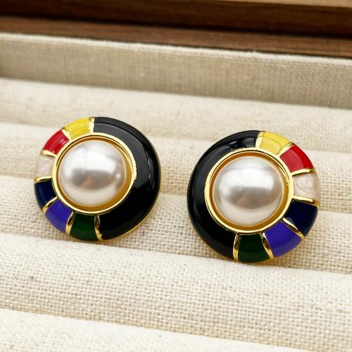 Brass Stud Earring, with Freshwater Pearl, plated, for woman & enamel, golden, 22x22mm, Sold By Pair
