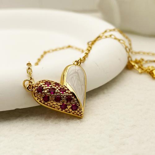 Cubic Zircon Micro Pave Brass Necklace with 6CM extender chain Heart plated micro pave cubic zirconia & for woman & enamel golden Length Approx 38 cm Sold By Pair
