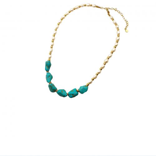 Brass Necklace, with turquoise & Freshwater Pearl, with 8CM extender chain, handmade, for woman, golden, Length:Approx 42 cm, Sold By PC