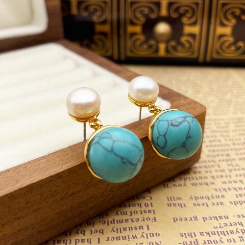 Brass Stud Earring, with turquoise & Freshwater Pearl, plated, for woman, golden, 23x13mm, Sold By Pair