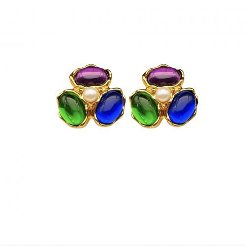 Brass Stud Earring, with Freshwater Pearl & Glass, plated, for woman, golden, 26x28mm, Sold By Pair