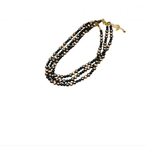 Brass Necklace with Glass & Plastic Pearl with 7CM extender chain handmade for woman black Length Approx 38 cm Sold By PC