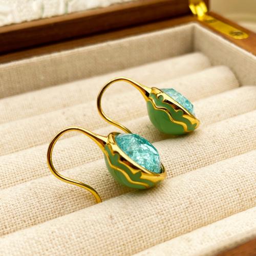Messing Tropfen Ohrringe, mit Glas, plattiert, für Frau & Emaille, goldfarben, 28x11mm, verkauft von Paar