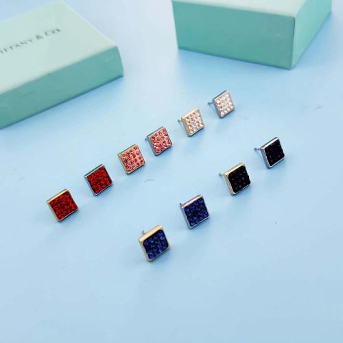 Titanium Steel  Earring,  Square, Vacuum Ion Plating, fashion jewelry & for woman & with rhinestone, more colors for choice, nickel, lead & cadmium free, 10mm, Sold By Pair