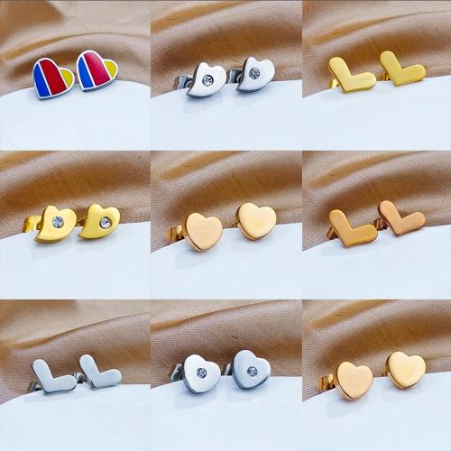 Titanium Steel  Earring, Heart, Vacuum Ion Plating, fashion jewelry & different styles for choice & for woman & enamel & with rhinestone, more colors for choice, nickel, lead & cadmium free, 10mm, Sold By Pair